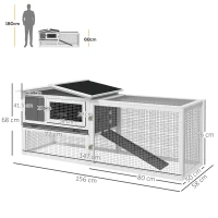 PawHut Rabbit Hutch with Run Wooden Guinea Pig Hutch Outdoor Bunny Cage Hide House with Sliding Tray, Hay Rack, Ramp, 156 x 58 x 68cm, Grey(m-3)