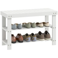 HOMCOM Schuhbank Bambus mit 2 Ablagen, Sitzbank mit Stauraum, für Flur, 70x28x45 cm, Weiß(m-12)