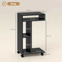 HOMCOM Beistelltisch, C-förmiger Servierwagen, 4 Rollen, 3 Fächer, 40 x 30 x 69 cm, Schwarz(m-3)