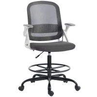 HOMCOM Silla de Escritorio de Malla Silla de Dibujo con Reposabrazos Abatibles Altura Ajustable Reposapiés Gris(m-1)