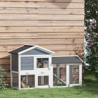 PawHut Kleintierstall mit Freilauf, Tannenholz, 147 x 54 x 84 cm, Grau(m-10)