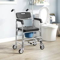 HOMCOM Transport Beside Shower Chair, 3-in-1 Commode Chair with Wheels and Padded Seat, Black(m-8)