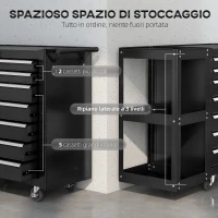 HOMCOM Carrello Portautensili in Acciaio con 7 Cassetti, Mensola Laterale Staccabile, Ruote, Capacità 120kg, Nero(m-4)