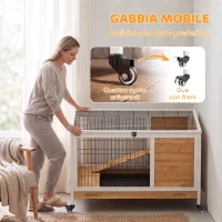 PawHut Conigliera in Legno con 4 Ruote, Casetta per Conigli e Rampa, 90x53x59cm, Giallo(m-7)