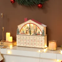 HOMCOM Adventskalender zum Befüllen 24 Schubladen Fächer Weihnachtskalender mit LED-Lichtern Naturholz 36 x 10 x 34 cm(m-10)