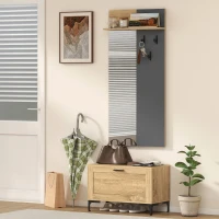 HOMCOM Garderobenset für Eingangsbereich, Schuhbank, Spiegel, 3 Haken, Offenes Regal, Flurmöbel, Naturholz+Grau(m-6)