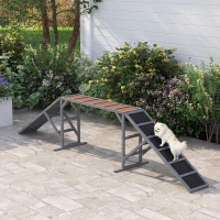 PawHut Hunde Agility Steg mit Sicherheitsstange rutschfester Oberfläche wetterfest Agility-Gerät bis 40 kg 335x55x60 cm Grau(m-2)