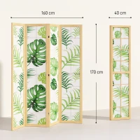 HOMCOM 4-teiliger Raumtrenner, faltbar, Boho-Design, tropisches Motiv, freistehender Raumteiler, Holzrahmen, Grün(m-3)