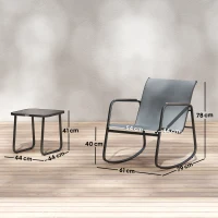 Outsunny Conjunto de Jardín de 3 Piezas con 2 Sillas Mecedoras Mesa con Encimera de Vidrio y Estructura de Acero para Patio Gris(m-3)