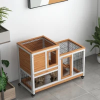 PawHut Cușcă pentru Iepuri din Lemn de Brad cu Roți, Tăvi Detașabile și Căsuță cu Rampă, 110x50x88 cm, Gri și Alb(m-8)