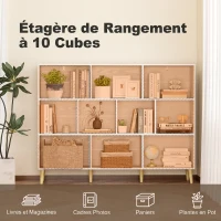 HOMCOM Bibliothèque à 3 Niveaux avec 10 Compartiments, Étagère de Rangement avec Pieds en Bois Massif, Effet Bois Blanc(m-4)