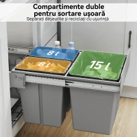 HOMCOM Cos de Gunoi Extractibil Sub Chiuveta 31L, 3 Recipiente Detasabile, 48x34,3x35,1 cm, Gri Deschis(m-5)