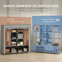 HOMCOM Dulap Textil Portabil in Material Nețesut și Oțel, cu Roți, 10 Compartimente și 2 Bare pentru Umerașe, Gri Închis(m-4)