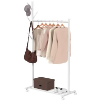 HOMCOM Cuier Mobil pe Roți, 5 Cârlige și Raft Inferior pentru Pantofi, Metalic, Capacitate 9 kg, Alb(m-12)