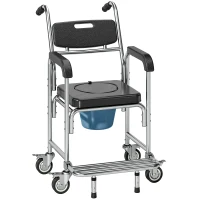 HOMCOM Transport Beside Shower Chair, 3-in-1 Commode Chair with Wheels and Padded Seat, Black(m-1)