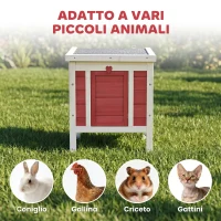PawHut Conigliera in Legno con Tetto Apribile in Asfalto, Rampa Antiscivolo, 51x42x43 cm, Rosso(m-6)