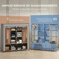 HOMCOM Armario de Tela Portátil con Ruedas 10 Compartimentos 2 Barras para Colgar Estructura de Acero Gris Oscuro(m-4)