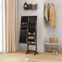 HOMCOM Dulap pentru bijuterii, dulap de depozitare pe picior, cutie pentru bijuterii cu oglindă, multiple spații de depozitare, iluminare LED, maro închis(m-6)