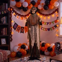 HOMCOM Animierter Sensenmann, 170 cm, lebensgroße Halloween-Animatronic mit beweglichen Händen/Kopf, leuchtenden Augen und Gruselsound(m-9)