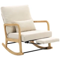 HOMCOM Silla Mecedora Nórdica con Reposapiés Respaldo Ajustable Mecedora de Pana Patas de Madera y Reposabrazos Cojín Crema(m-11)