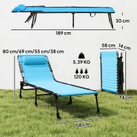 Outsunny Tumbona Plegable, Tumbona Jardín Exterior Reclinable 4 Posiciones con Reposacabezas y Marco de Acero, Carga 120 kg, para Terraza, Piscina, Playa, 189x58x30 cm, Azul Claro(m-3)