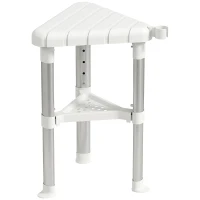 HOMCOM Shower Stool, Aluminium Alloy Corner Shower Chair with Storage Shelf and HDPE Seat, Adjustable Height, White(m-1)