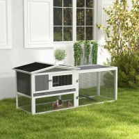PawHut Rabbit Hutch with Run Wooden Guinea Pig Hutch Outdoor Bunny Cage Hide House with Sliding Tray, Hay Rack, Ramp, 156 x 58 x 68cm, Grey(m-10)