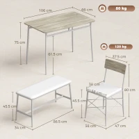 HOMCOM Set masă pentru sufragerie cu 2 scaune și banc, șezuturi căptușite, pentru living, spații mici, stejar și alb(m-3)