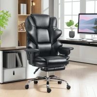 HOMCOM, Scaun de Birou, cu Suport pentru Picioare și Tetieră, din Piele PU, Spumă și Metal, 76x73x117-125 cm, Negru(m-10)