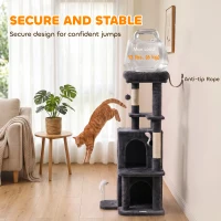 PawHut Arbre à Chat 4 Niveaux 132 cm, Niche, Lit, Plateforme, Poteaux à Griffer en Sisal, Jouets Suspendus, Gris Foncé(m-8)