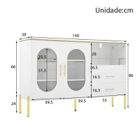 Aparador com 2 Gavetas e 2 Portas de Vidro, Amplo Espaço de Arrumação, 140x38x90 cm, Branco(m-3)
