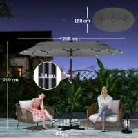 Outsunny Chapéu de Sol Duplo 295x150x219 cm com Luzes LED Solares Teto com Inclinação Ajustável e Manivela Manual para Jardim Cinza(m-3)