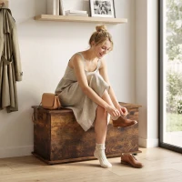 HOMCOM Banquette-coffre, Banc à chaussures avec couvercle de sécurité, fond intérieur, Marron rustique(m-6)
