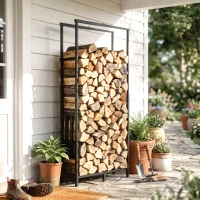 Outsunny Lenheiro Exterior em Aço Resistente para Lenha com Largura e Altura Ajustáveis, Carga 100 kg, 45,5-75,5x25x98-170 cm, Preto(m-7)
