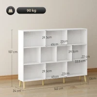 HOMCOM Bibliotecă cu 10 Cuburi, 3 Polițe, Picioare din Lemn Masiv, Alb cu Efect de Lemn, Albă(m-3)