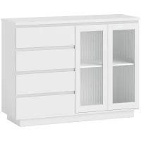 HOMCOM Buffetschrank, Sideboard mit 4 Schubladen, 2 Glastüren, modernes Design, MDF, Weiß(m-1)