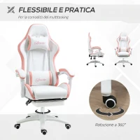 Vinsetto Sedia da Gaming con Altezza Regolabile e Schienale Reclinabile, 65x65x121-129 cm, Bianco e Rosa(m-6)