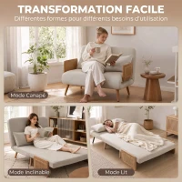 HOMCOM Canapé Convertible 2 Places, Canapé-Lit 3 en 1 Chenille 103cm, Dossier Réglable, 2 Oreillers, Accoudoirs en Bois, Crème(m-4)