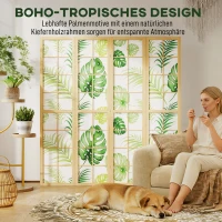 HOMCOM 4-teiliger Raumtrenner, faltbar, Boho-Design, tropisches Motiv, freistehender Raumteiler, Holzrahmen, Grün(m-5)