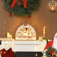 HOMCOM Weihnachtsdorf mit LED-Leuchtung, 45 cm Weihnachtsstadt mit Schneemann, Renntier und Bäume Naturholz(m-7)