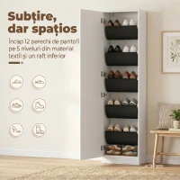 HOMCOM Dulap pentru Pantofi cu Oglindă, Uși Reversibile cu 5 Rafturi din Material Textil, 50 x 20 x 180 cm, Alb(m-4)
