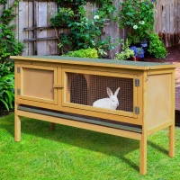 PawHut Hasenstall Kaninchenstall aus Holz mit aufklappbarem Dach, 2 Türen, auslaufsicherer Schale, 115x44,3x65 cm Hellgelb(m-10)