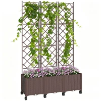Outsunny Plastic Raised Planter with Trellis, Self Watering Raised Bed for Garden with Wheels, Drainage Holes and Plugs(m-1)
