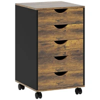 HOMCOM Comodă de Birou cu 5 Sertare și Roți Pivotante cu Frâne, 40x40x67 cm, Maro Rustic(m-1)