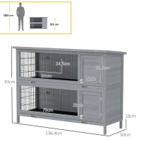 PawHut Rabbit Hutch Outdoor Guinea Pig Hutch Bunny Cage with No-Leak Trays, Divider, 136 x 50 x 93cm, Grey(m-3)