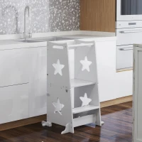 AIYAPLAY Torre de Aprendizaje 2 en 1 Convertible en Mesa y Silla con Barra de Seguridad 60x44,5x86 cm Blanco(m-10)