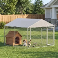 PawHut Recinto per Cani da Esterno in Acciaio Zincata con Tetto in PE, Anti-UV, Impermeabile, Doppia Chiusura, Argento(m-10)