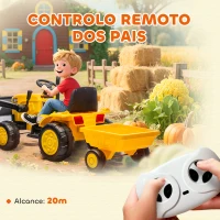 AIYAPLAY Trator Elétrico para Crianças com Reboque e Pá 12V Motor Duplo Luzes Música Conexão Sem Fios USB 146x58x58,5 cm Amarelo(m-6)