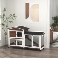 PawHut Casota para Coelhos para Exterior 157,4x53x99,5 cm Gaiola Grande com Rodas, Telhado Asfáltico, Tabuleiros Removíveis e Rampa Castanha(m-10)