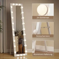 HOMCOM Ganzkörperspiegel 150x40 cm LED Spiegel mit 24 Glühbirnen 3 Lichtfarbe, freistehend oder anlehnbar Weiß(m-8)